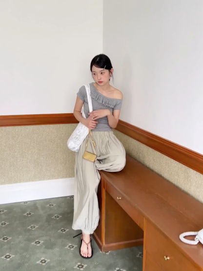 Off shoulder short sleeve top with ruffle detail