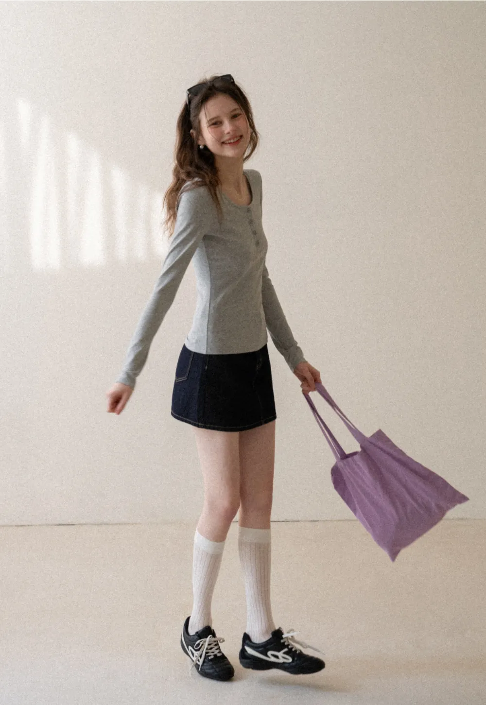 Long sleeve henley top with front buttons