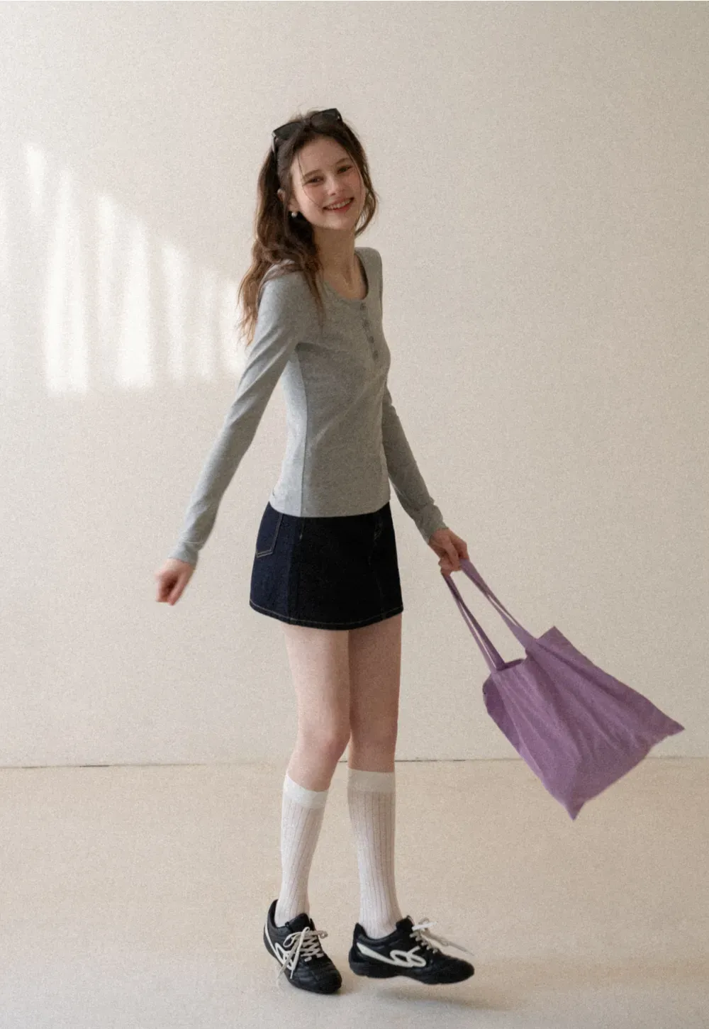 Long sleeve henley top with front buttons