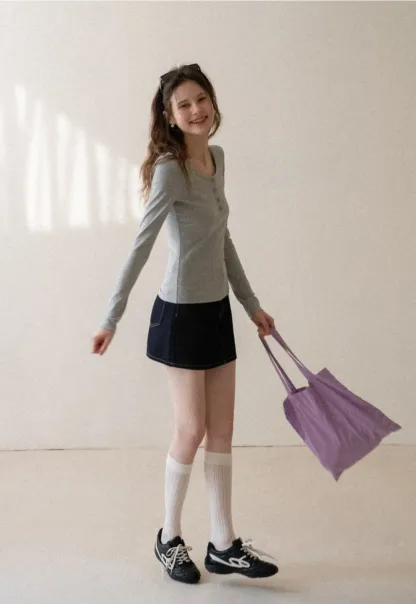 Long sleeve henley top with front buttons