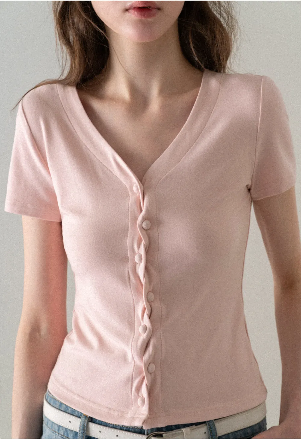 V neck short sleeve button front top