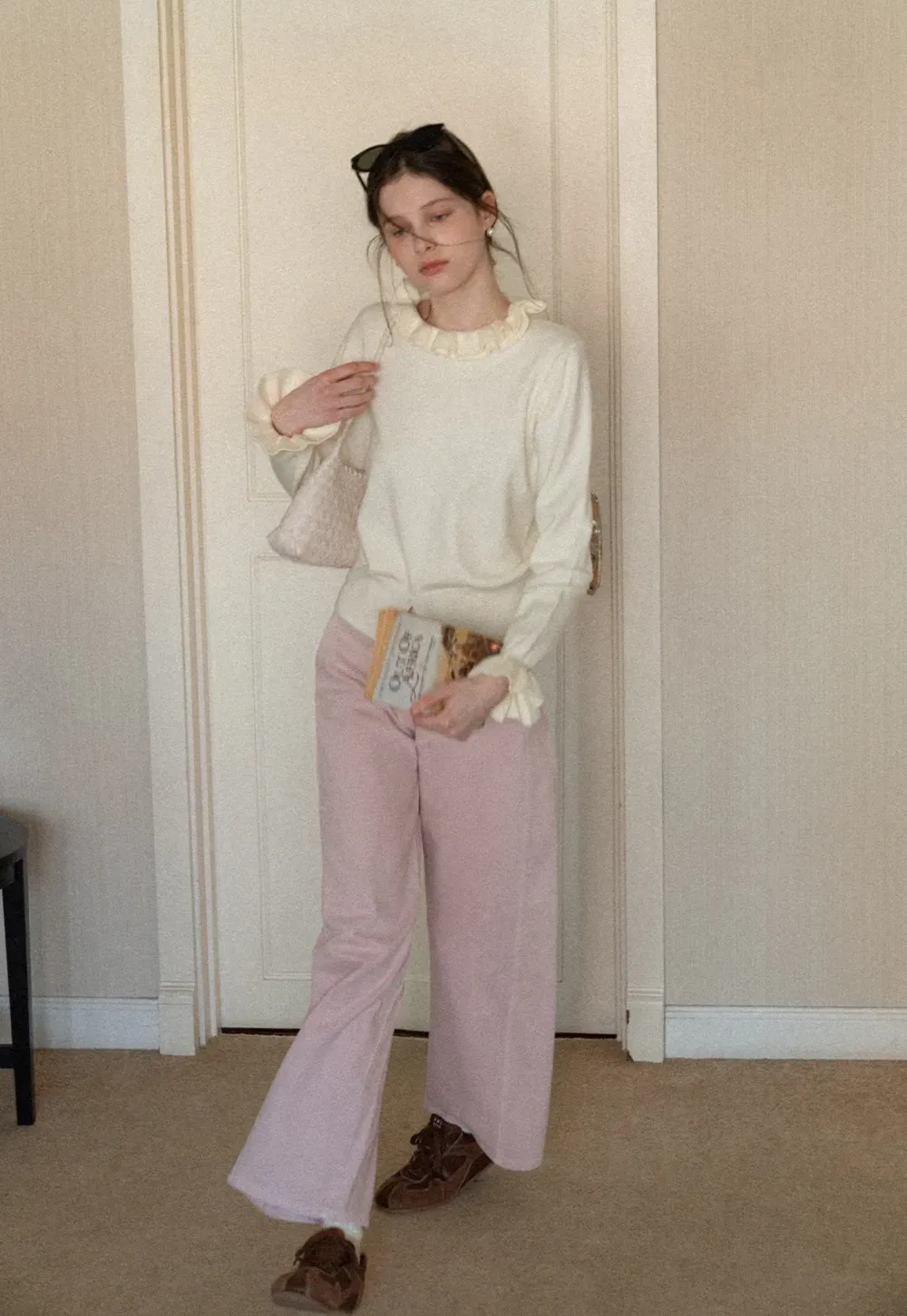 Elegant Ruffle Detail Knit Sweater with Flared Cuffs and Neckline