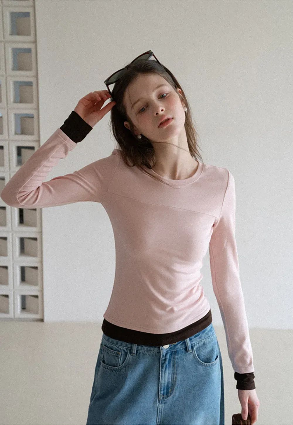 Long sleeve round neck layered t shirt design top