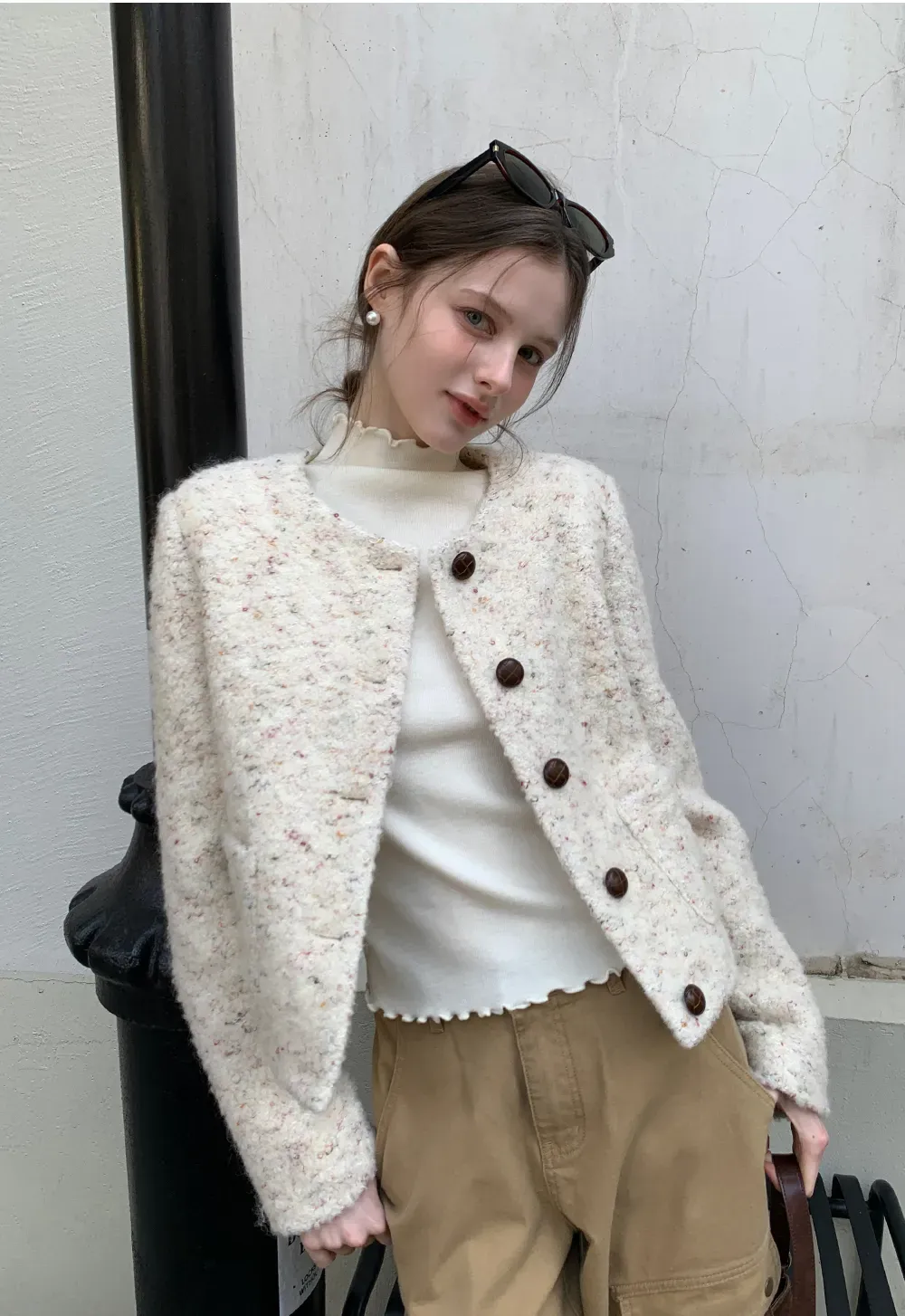 Textured Short Jacket with Long Sleeves and Round Neck