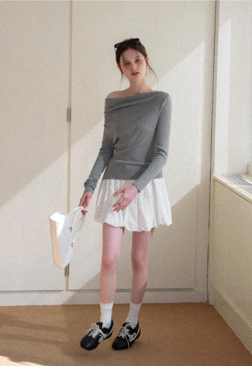 Polka dot pleated mini skirt with drawstring waist