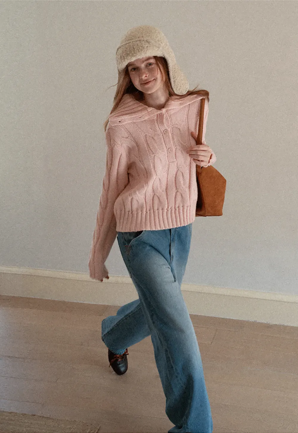 Cable Knit Turtleneck Sweater with Ribbed Sleeves and Hem