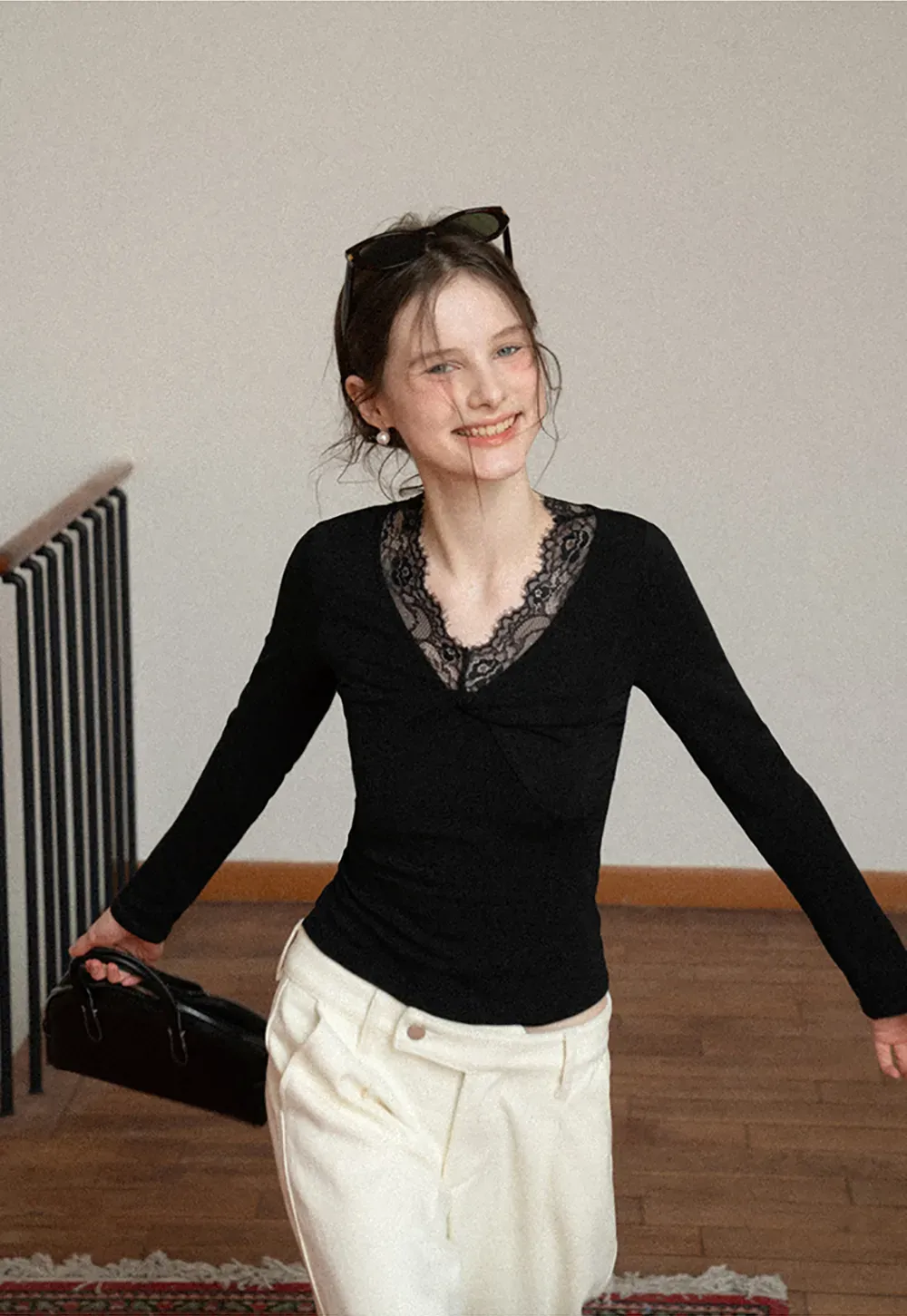 Elegant Black Lace-Trimmed Long Sleeve Top