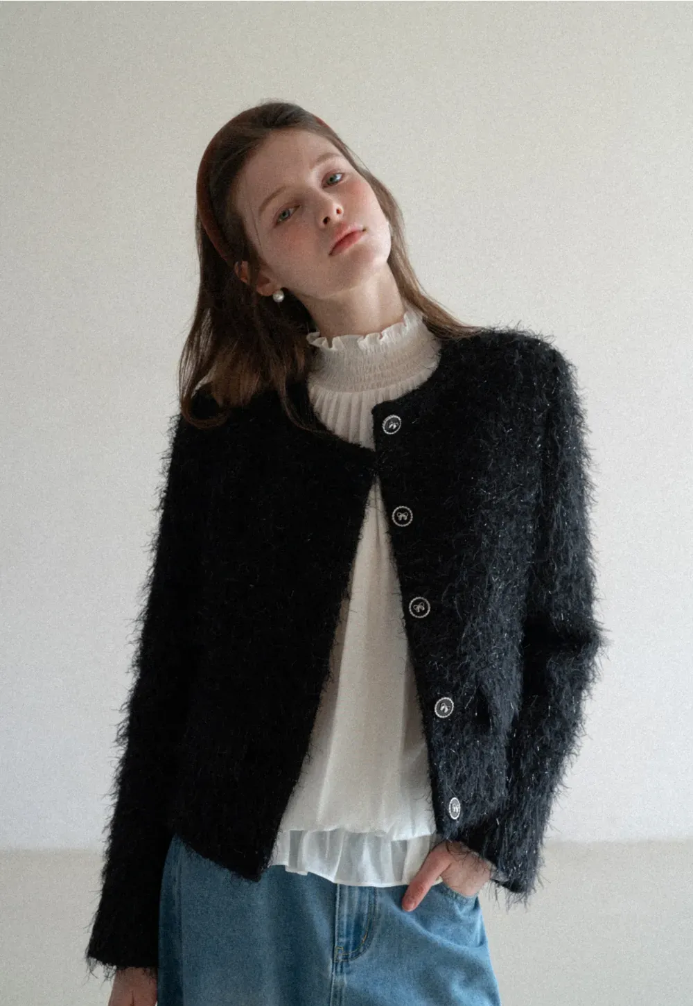 Fuzzy Knit Short Jacket with Button Detail