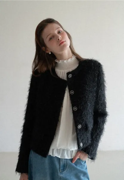 Fuzzy Knit Short Jacket with Button Detail