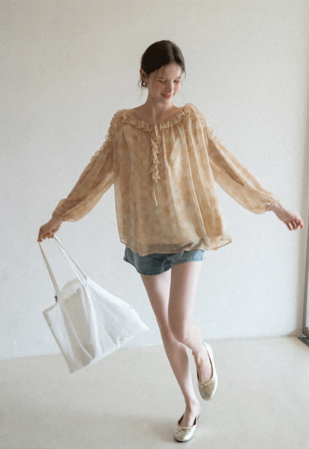 Lace Chiffon Blouse with Ruffled Neck and Sleeves