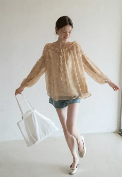 Lace Chiffon Blouse with Ruffled Neck and Sleeves
