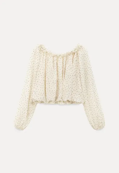 Polka Dot Ruffled Off Shoulder Chiffon Blouse