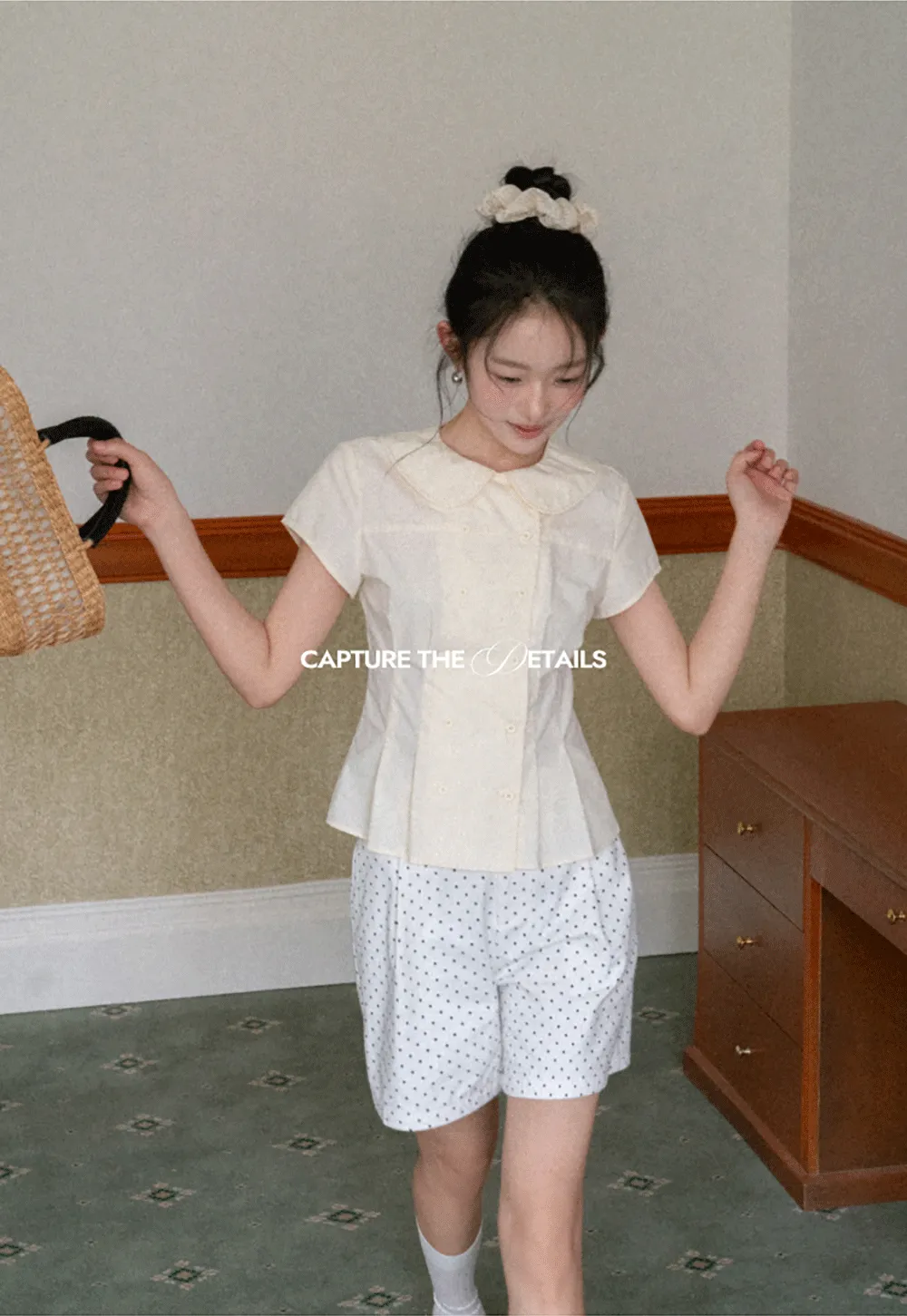 Short Sleeve Shirt with Peter Pan Collar and Peplum Hem