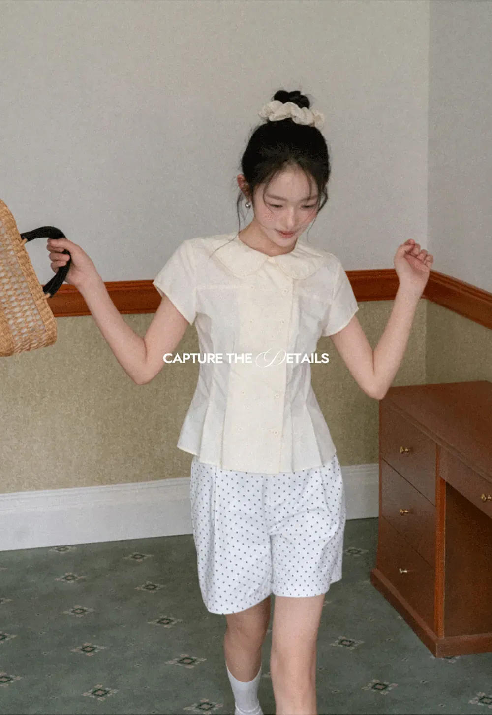 Short Sleeve Shirt with Peter Pan Collar and Peplum Hem