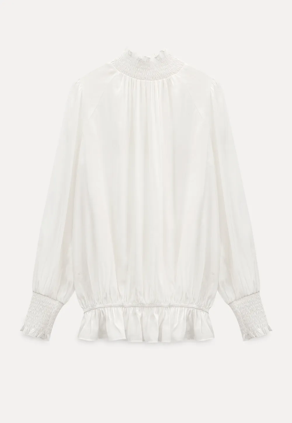 Elegant High Neck Blouse with Ruffled Cuffs and Hem