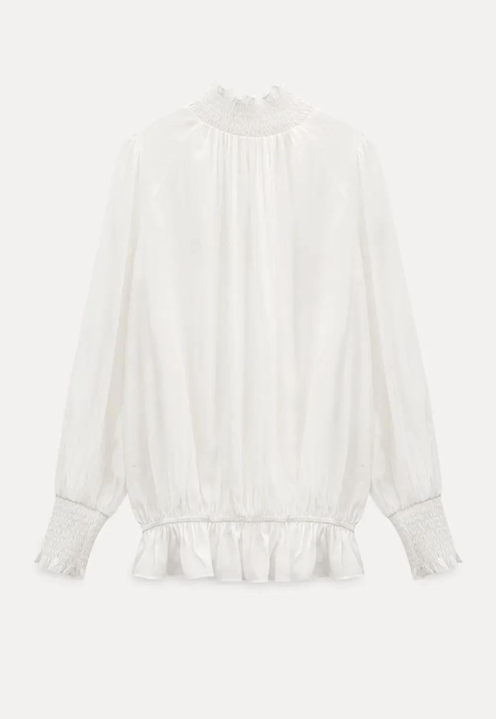 Elegant High Neck Blouse with Ruffled Cuffs and Hem