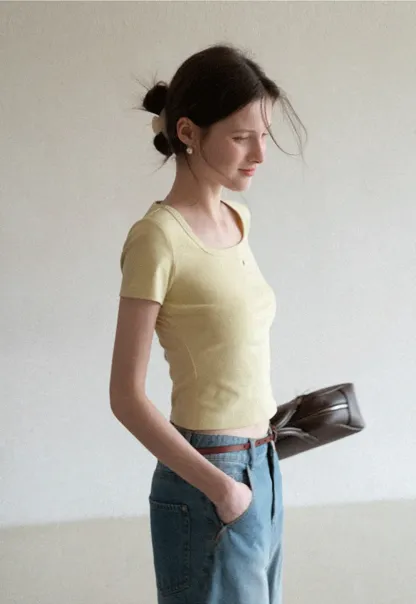 Short Sleeve Crop Top with Square Neckline