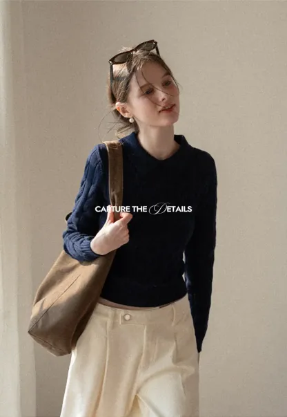 Cable Knit Crop Sweater with Collar