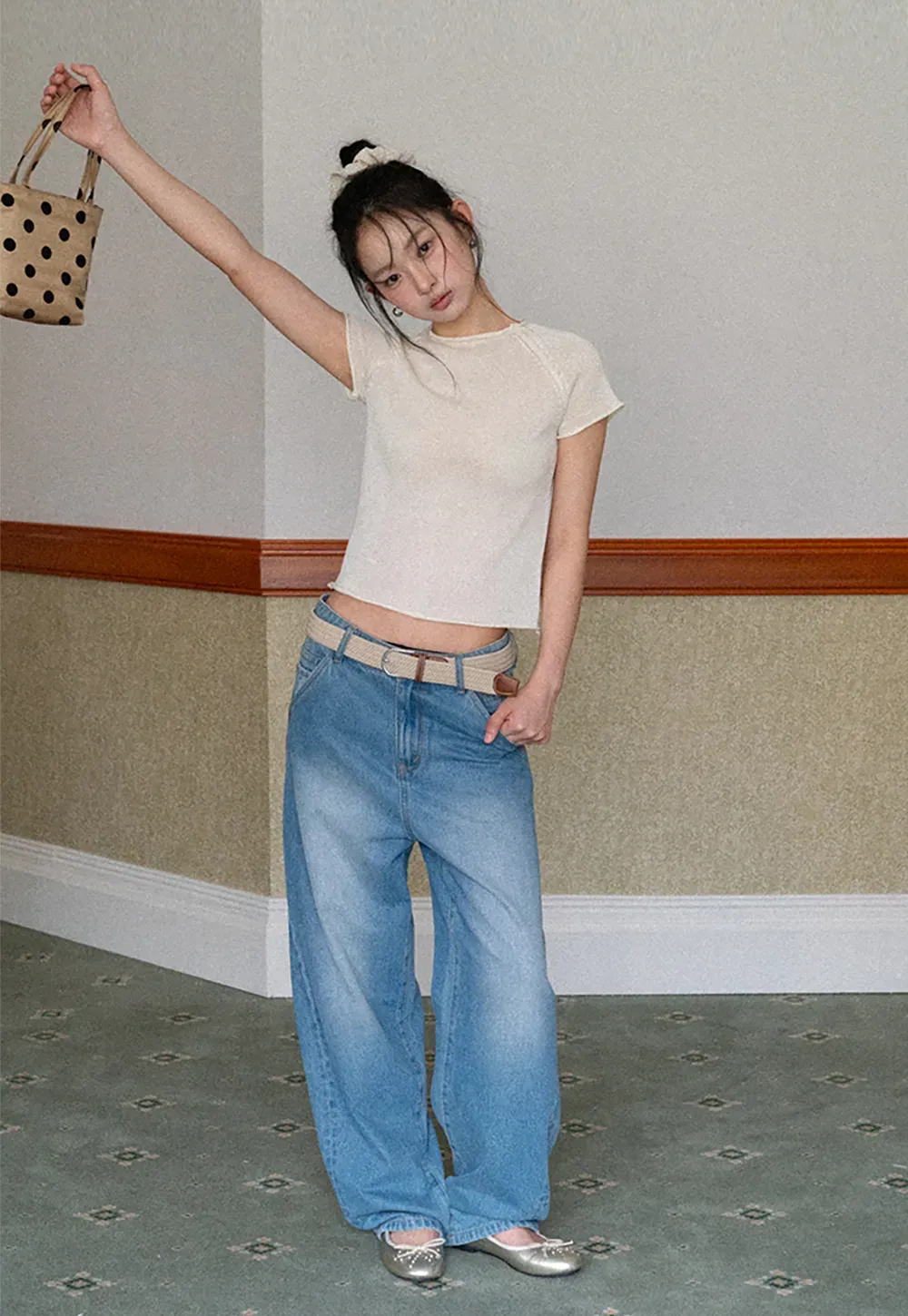 Short Sleeve Ribbed Knit Top with Raglan Sleeves