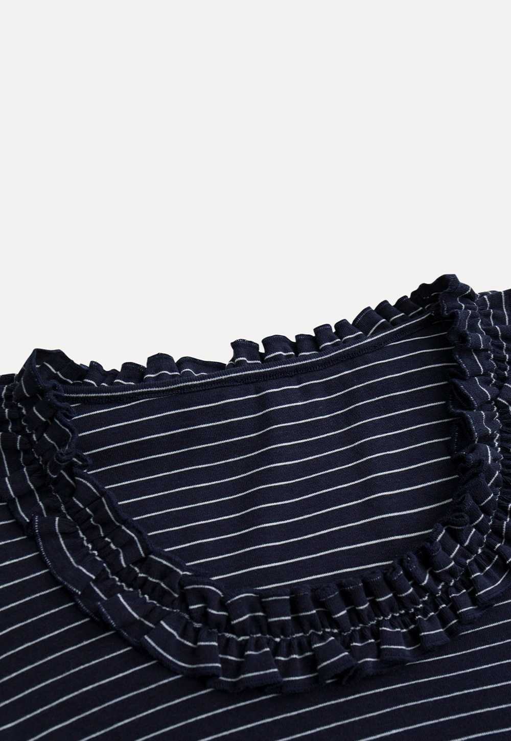 Women Striped Long Sleeve Tee with Ruffled Neckline