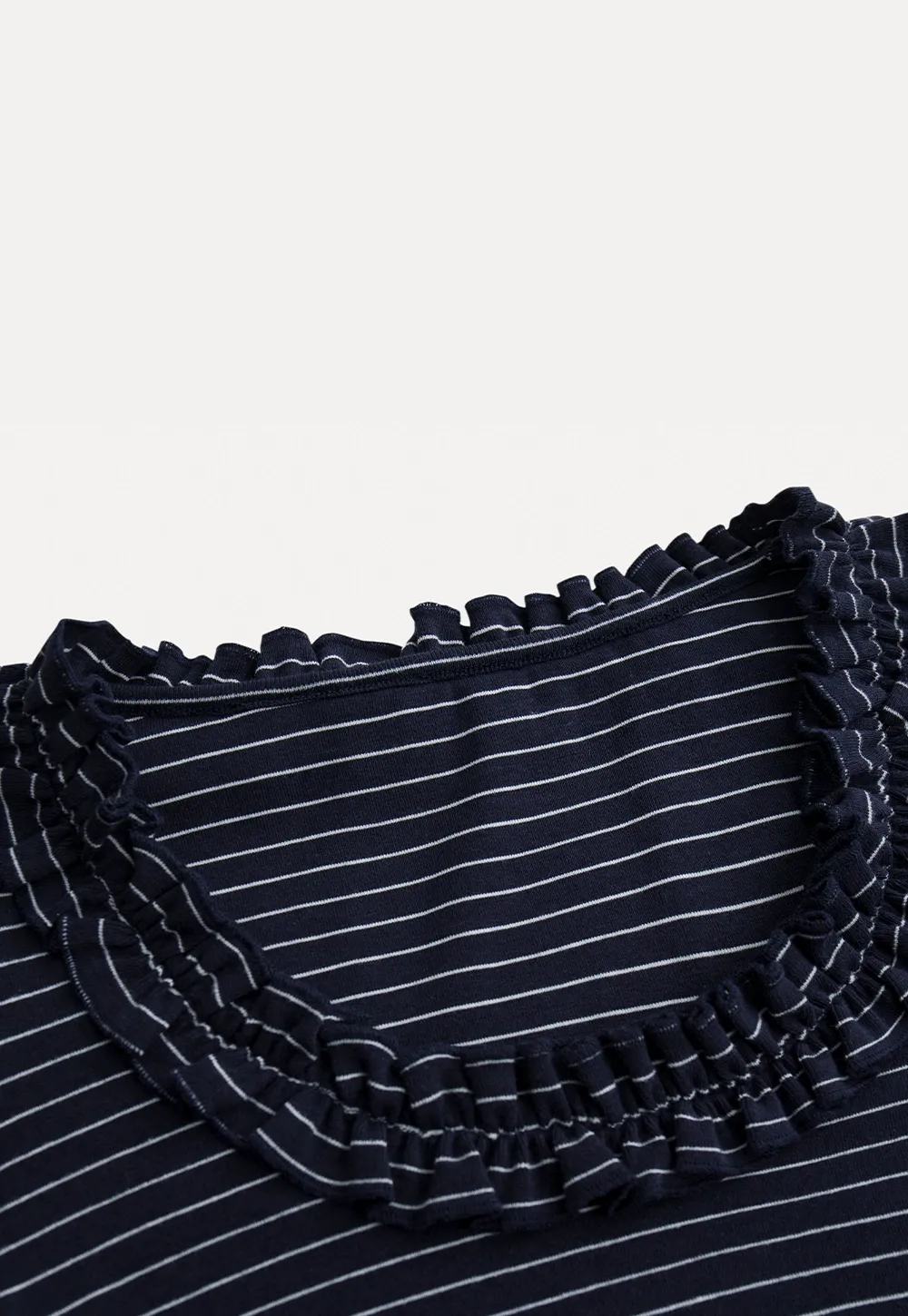 Women Striped Long Sleeve Tee with Ruffled Neckline