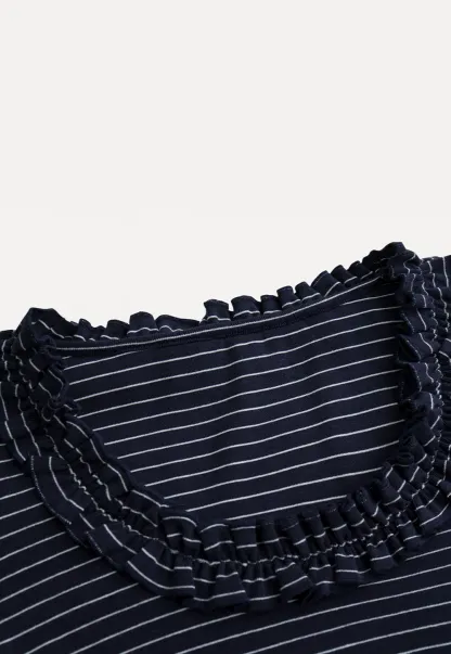 Women Striped Long Sleeve Tee with Ruffled Neckline