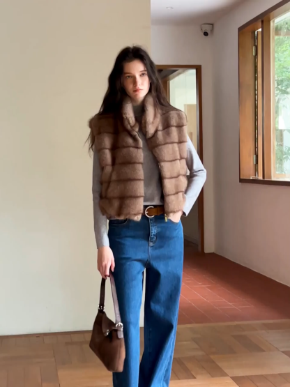 Layered Fuzzy Stand-Collar Vest