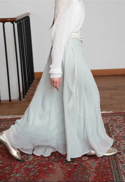 Flowy Maxi Skirt with Lace Trim and Drawstring Waist