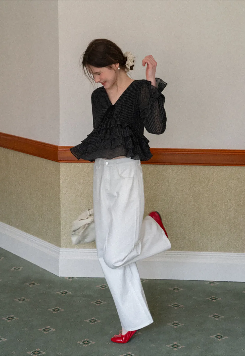 Polka Dot Sheer Blouse with Ruffled Hem and Tie Neck