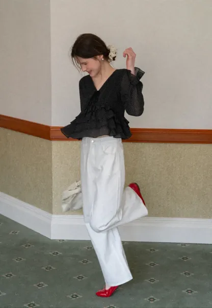 Polka Dot Sheer Blouse with Ruffled Hem and Tie Neck