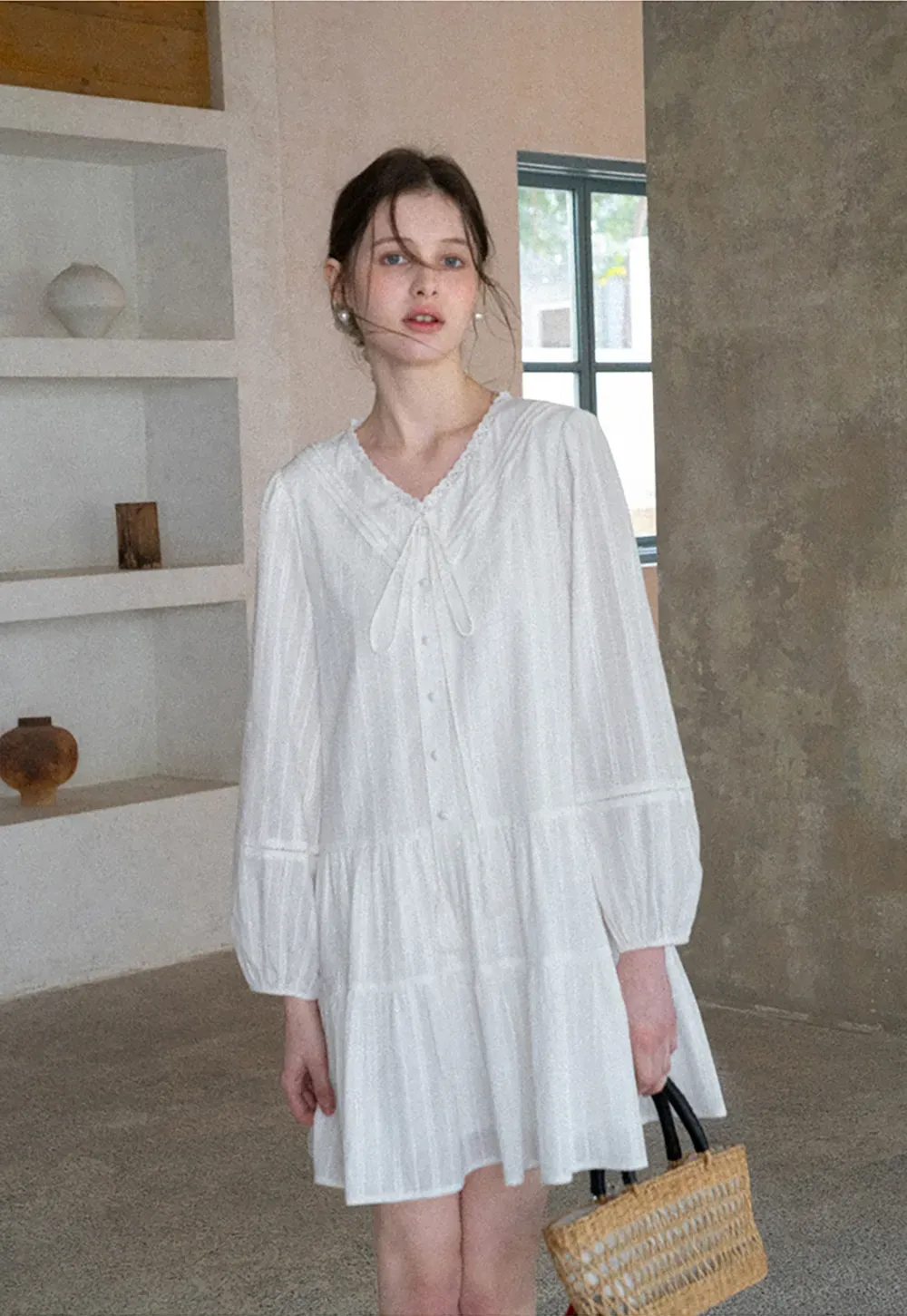 V neck long sleeve tiered dress with lace trim