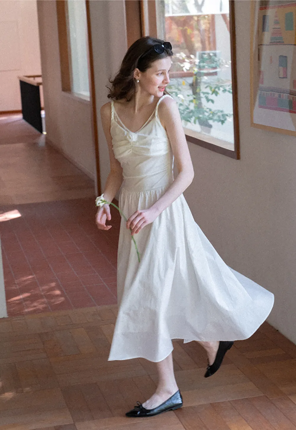 Sleeveless V Neck Midi Dress with Ruched Bodice