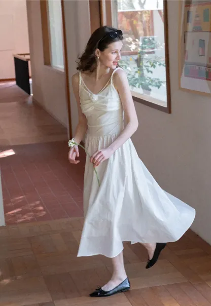 Sleeveless V Neck Midi Dress with Ruched Bodice