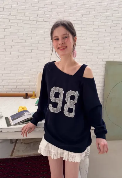 Off Shoulder Sweatshirt with Lace Number Print