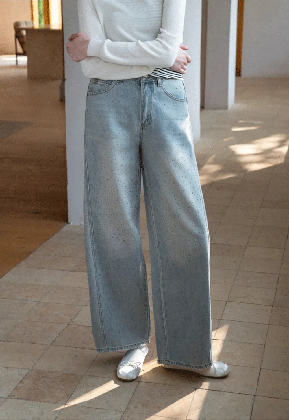 Wide leg jeans with subtle dot embellishments