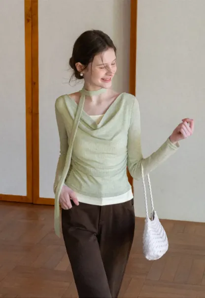 Long sleeve knit top with back tie detail