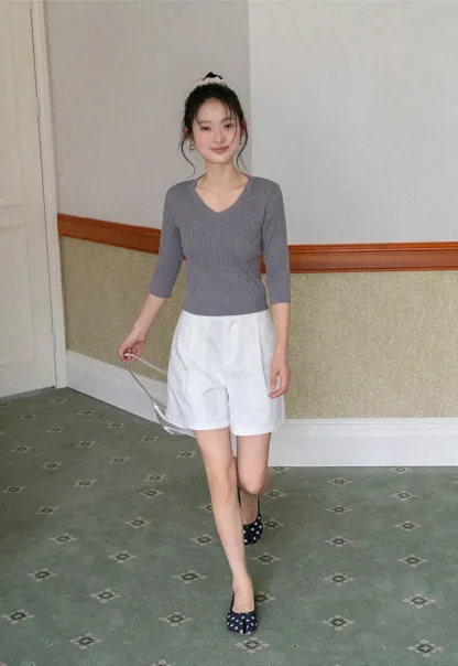 V Neck Ribbed Knit Crop Top