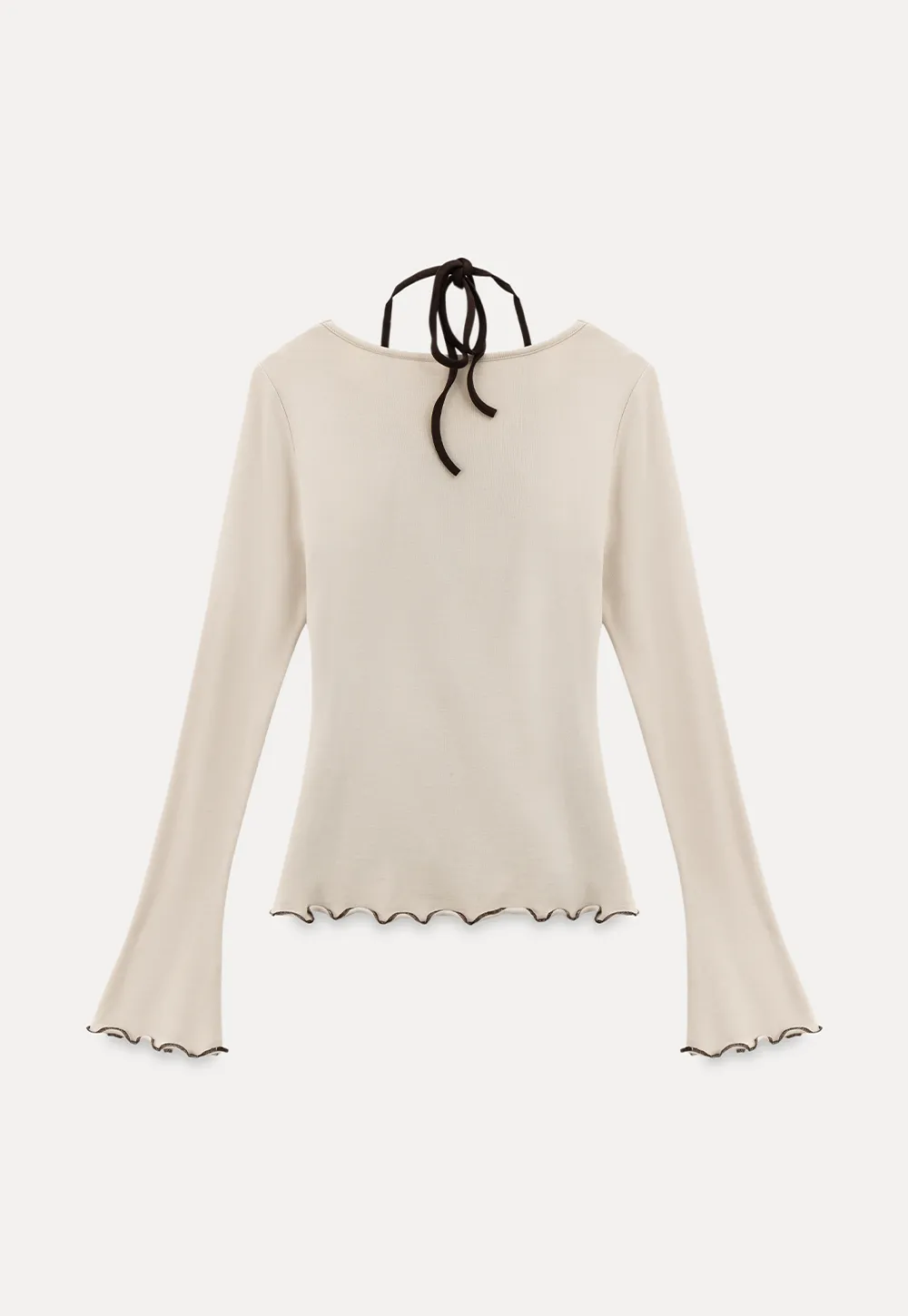 Beige Long-Sleeve Top with Ruffled Hem and Bow Tie Back
