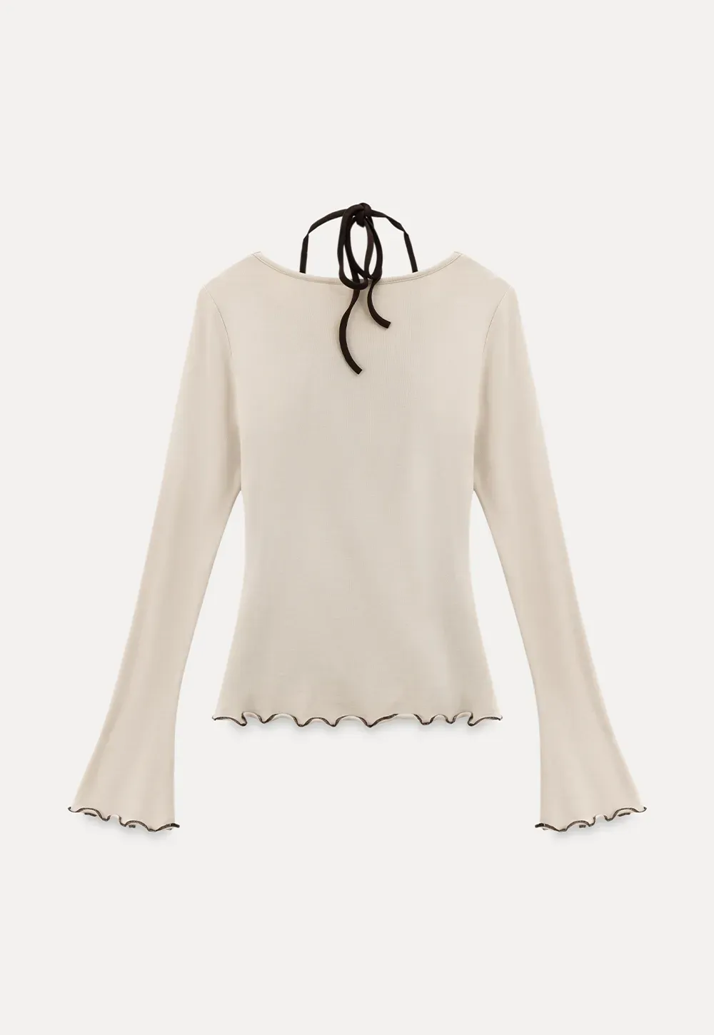 Beige Long-Sleeve Top with Ruffled Hem and Bow Tie Back
