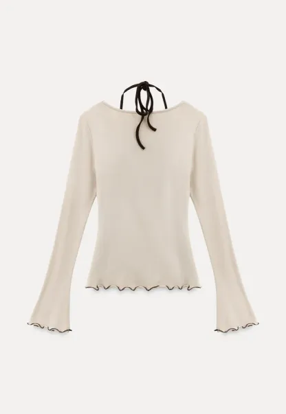 Beige Long-Sleeve Top with Ruffled Hem and Bow Tie Back