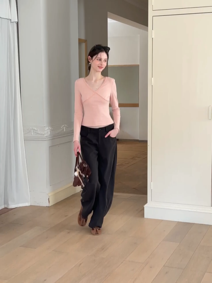 V neck long sleeve top with lace trim and fitted design