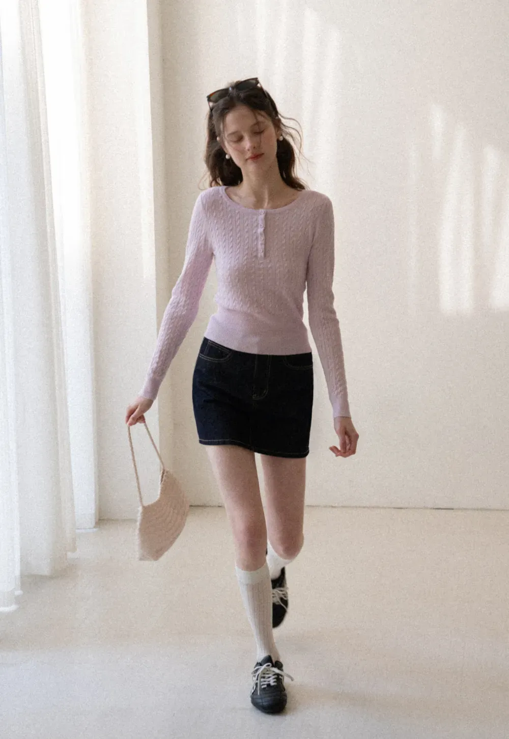 Cable Knit Long Sleeve Sweater with Button Detail