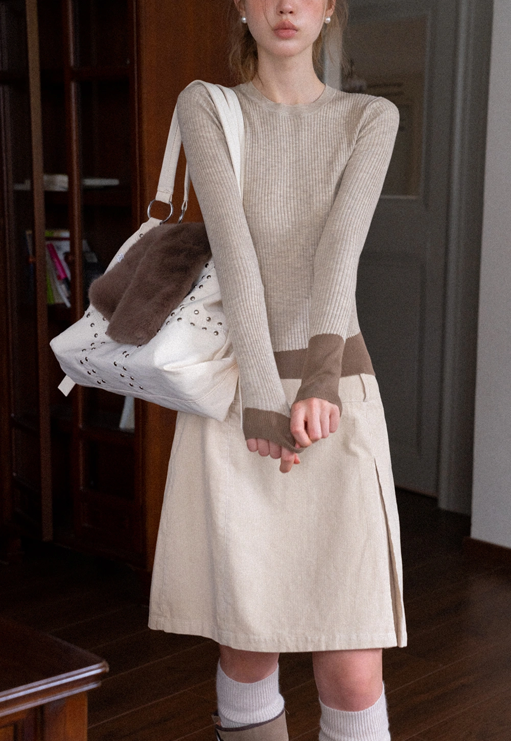 Womens Colorblock Ribbed Knit Long Sleeve Top