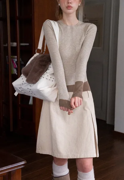 Womens Colorblock Ribbed Knit Long Sleeve Top