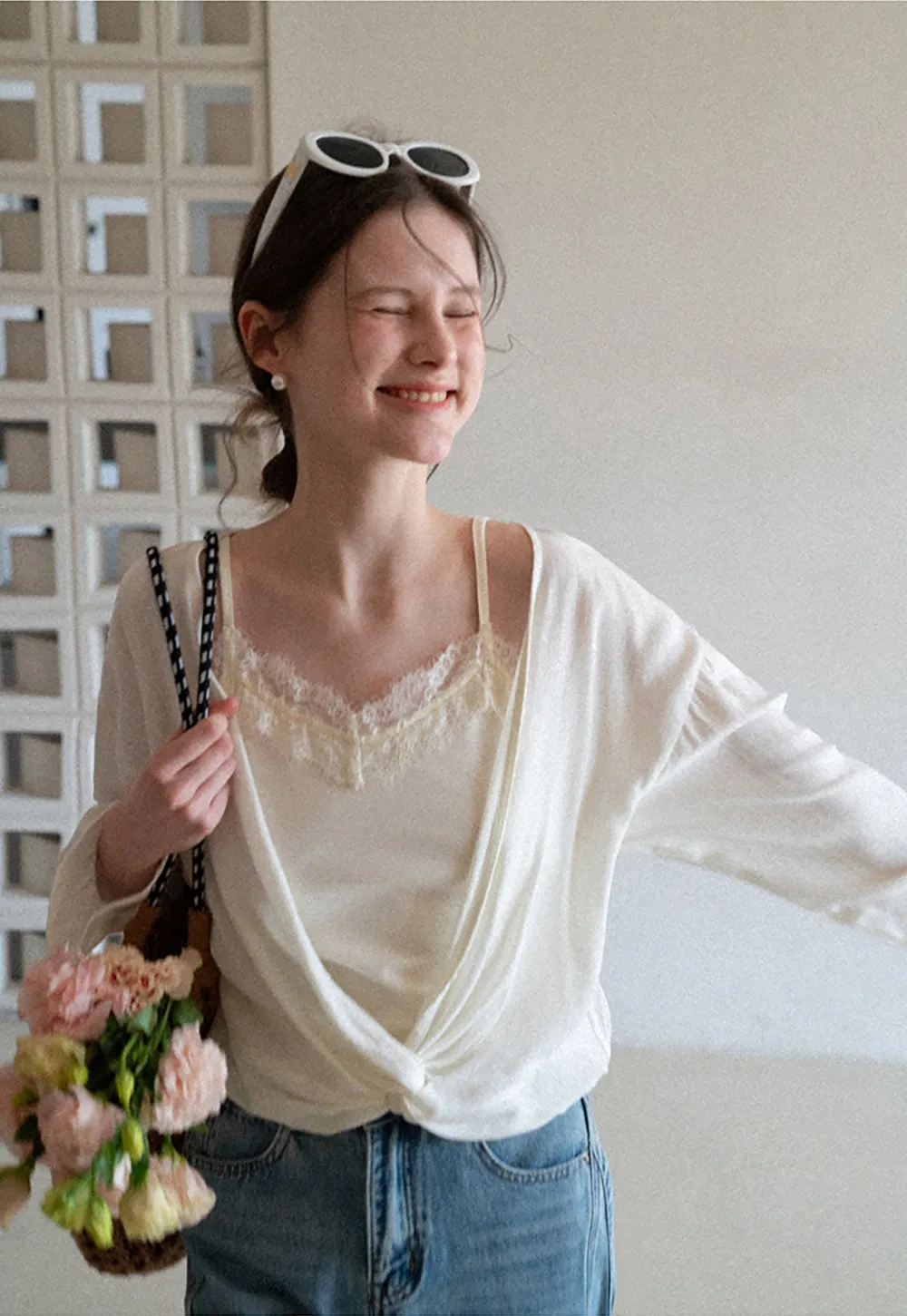 Lace Trimmed V Neck Long Sleeve Wrap Shirt