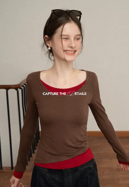 Long Sleeve Round Neck Top Simple Design Women's T-Shirt