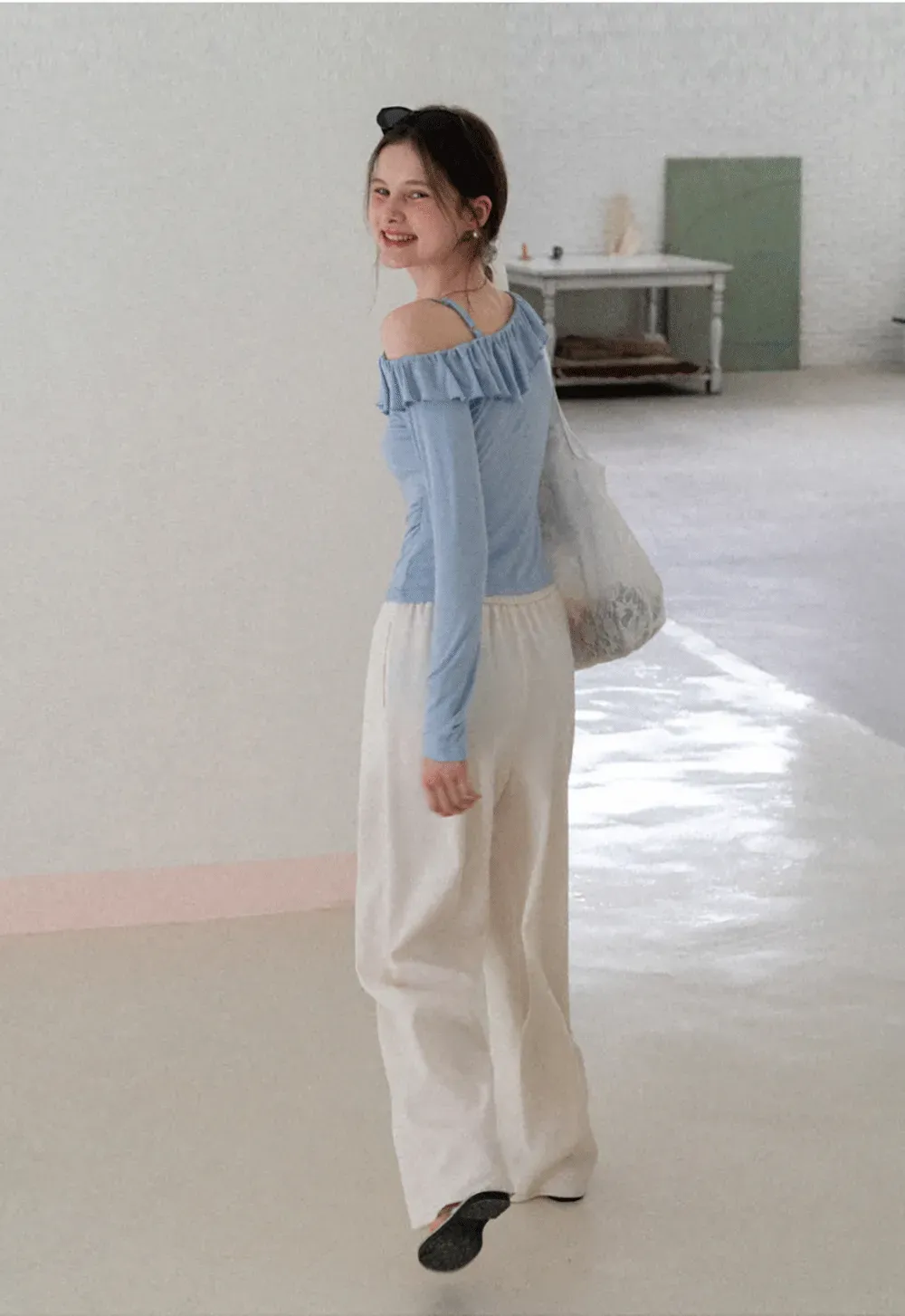 Long Sleeve Top with Ruffled Off Shoulder Design