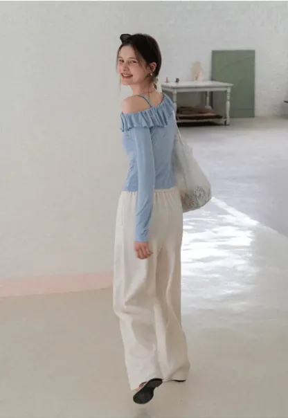 Long Sleeve Top with Ruffled Off Shoulder Design