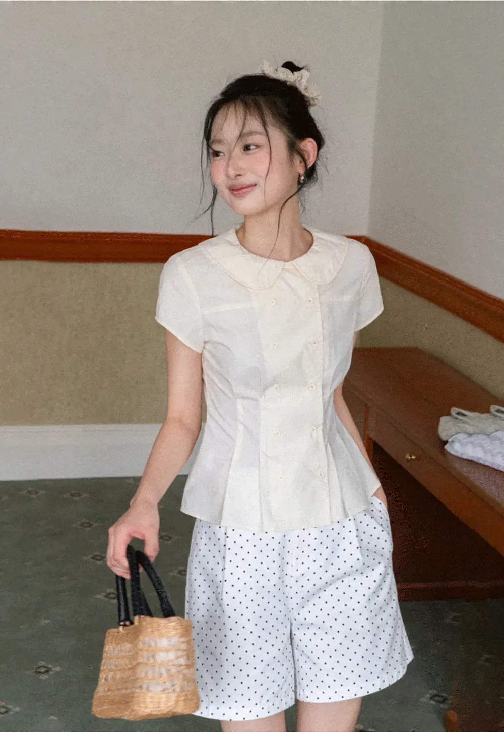 Short Sleeve Shirt with Peter Pan Collar and Peplum Hem