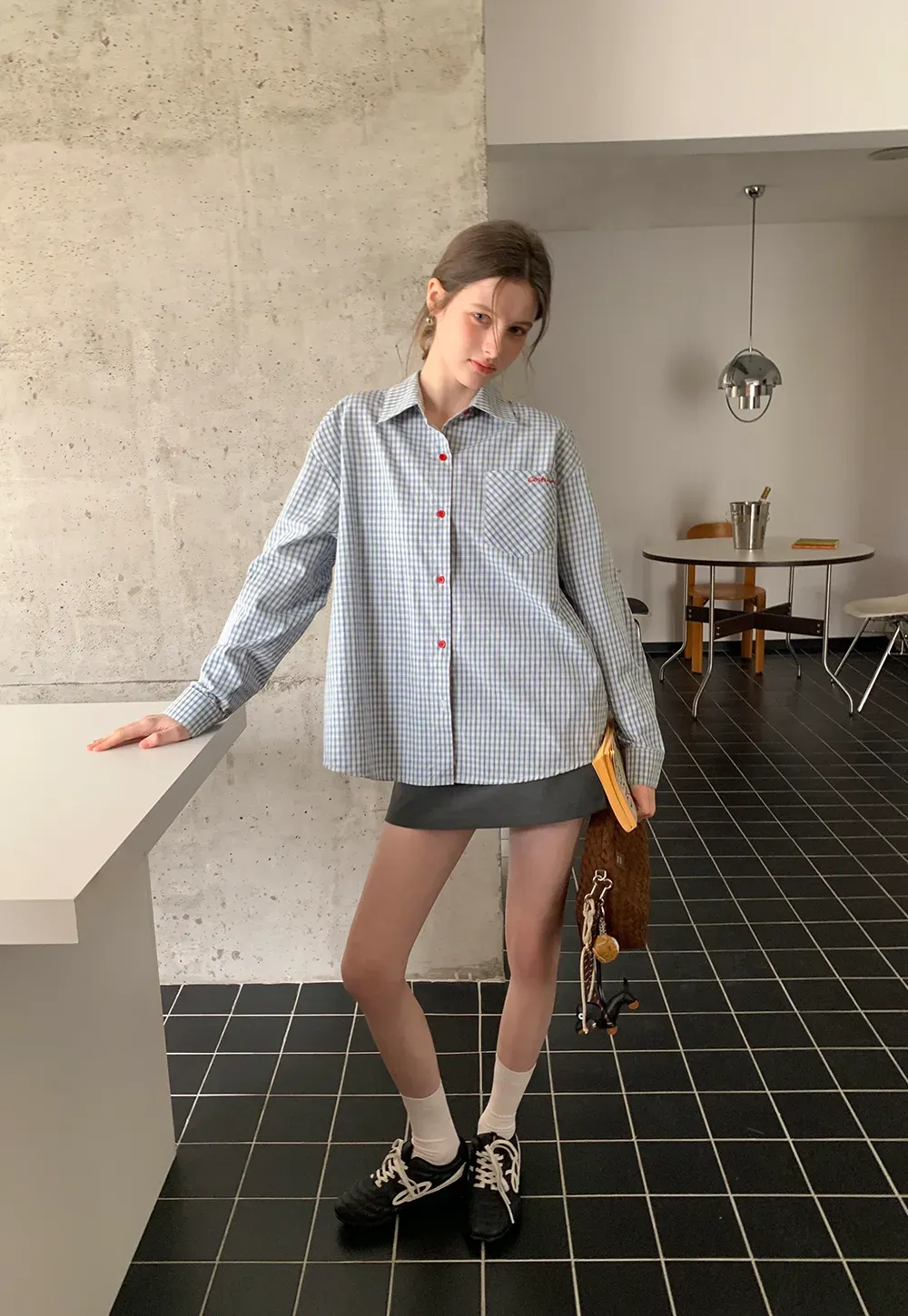 Oversized Checkered Button Up Shirt with Pocket Design